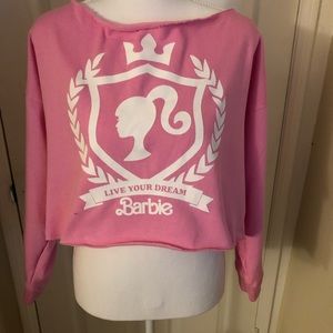 Barbie print pink off the shoulder crop long sleeve top fleece lining size S